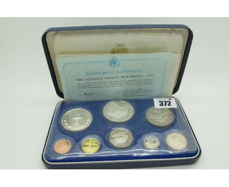 A 1973 Barbados Proof Coin Set, First National Coinage, cased with certificate. (510984)