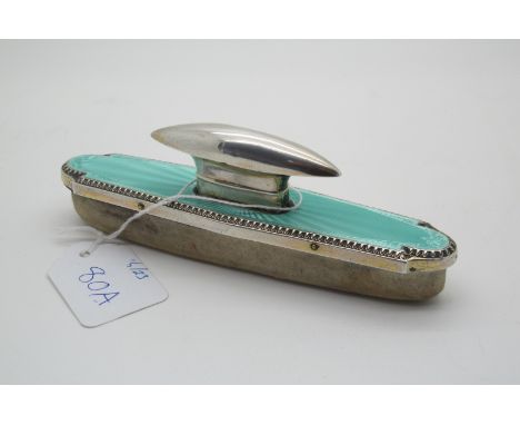 A Large Hallmarked Silver and Enamel Mounted Nail Buffer, Henry Matthews, Birmingham 1930, highlighted in turquoise, 15.5cm l