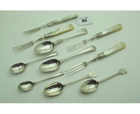 A Set of Three Mother of Pearl Handled Dessert Forks, each with hallmarked silver ferrule; together with a further mother of 