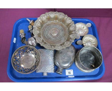 A Plated on Copper Bottle Coaster, an oval hip flask engraved "James Grant August 1895", further bottle coaster, pair of plat