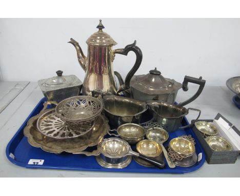 A Plated Three Piece Tea Set, a plain baluster coffee pot, tea strainers, pair of Nickel Silver salts, in original box, dishe