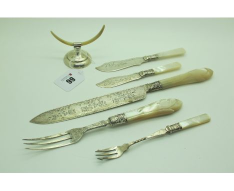 A Victorian Hallmarked Silver and Mother of Pearl Serving Knife and Fork, Birmingham 1867; together with a mother of pearl kn