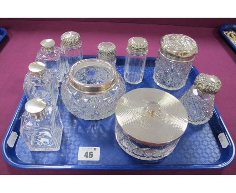 Hallmarked Silver Mounted and Other Glass Dressing Table Jars and Bottles, including set of three square travel bottles, circ