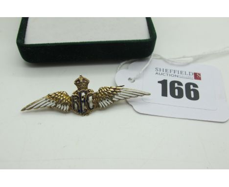 Royal Flying Corps Wings Brooch, highlighted in enamel, stamped "9ct". 