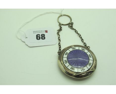A Hallmarked Silver and Enamel Compact, highlighted in purple and white, on chain suspension with finger ring.