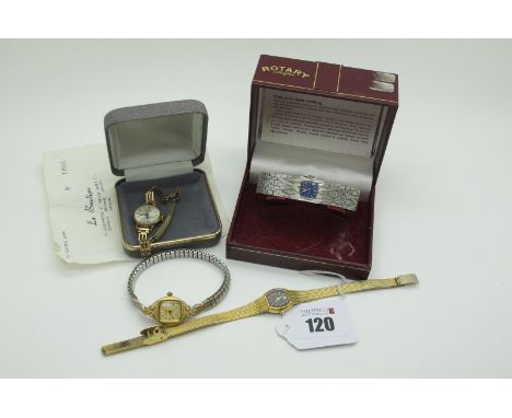 Avia; A 9ct Gold Cased Ladies Wristwatch, on a rolled gold bracelet; together with Rotary, Elgin and Torq ladies wristwatches