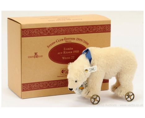 Steiff Club Edition Polar Bear, white tag 420177, winter white mohair Cub on metal spoke wheels, club edition for 1999, ceram