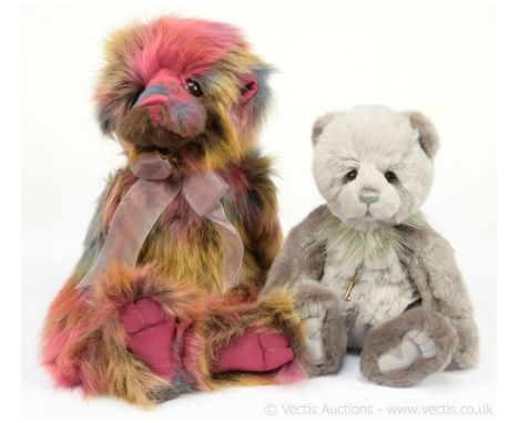 Charlie Bears pair: (1) Rainbow teddy bear, CB159047S, 2015-2016, LE 2400, designed by Heather Lyell and Charlie, brown, mage