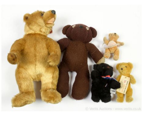 Collection of five modern issue teddy bears: (1) AA Soft Toys Aurora Teddy Original, golden plush, with swing labels, 17"/44c