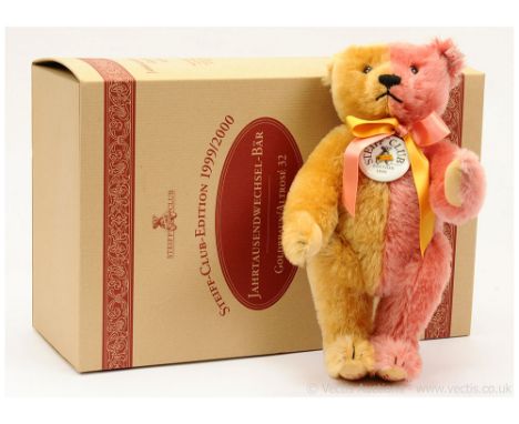 Steiff Club Edition Millennium Bear 1999, white tag 420184, LE, gold and rose pink mohair, ceramic chest medallion, certifica