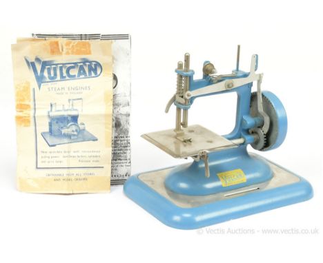 The Vulcan (UK) vintage miniature child's Sewing Machine, c 1948, blue cast iron and tinplate, hand crank, untested, Good Plu