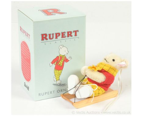 Steiff Rupert Ornament, white tag 653537, 2008, LE 1500, white mohair Rupert the Bear miniature teddy bear seated on wooden s