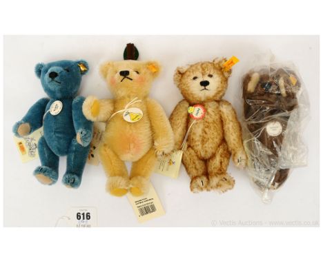 Steiff collection of four teddy bears: (1) Fruities Pear bear, yellow tag 028021, blonde mohair, chest tag, swing label, 7"/1