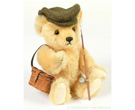 Steiff Danbury Mint Monty The Fisherman teddy bear, yellow tag 660375, blonde mohair, wearing herringbone tweed flat cap, wit