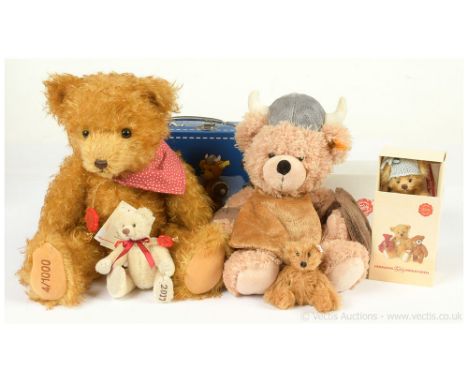 Hermann Teddy Original and Steiff teddy bears x five: (1) Steiff Viking Fynn bear in suitcase, yellow tag 111853, golden and 