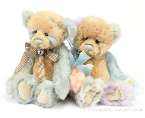 Charlie Bears pair of pandas, designed by Isabelle Lee, 2012: (1) Dilly, CB 124946, beige and light blue plush, 14"/36cm; (2)