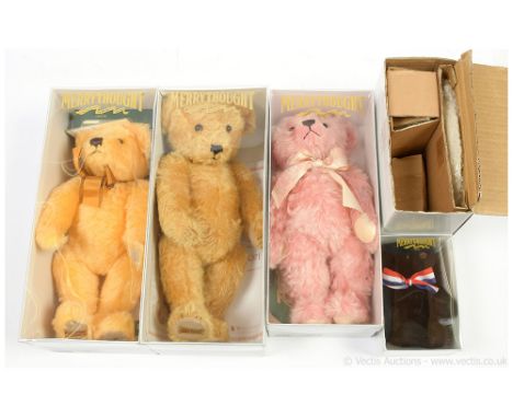 Merrythought Compton &amp; Woodhouse four teddy bears: (1) Tea For Two teddy bear, LE 300, rose pink mohair, with porcelain t