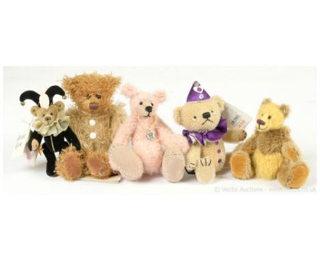 Collection of five small / miniature teddy bears, includes some artist designed: (1) Orkid Bears Sadwrn (meaning Saturday / S