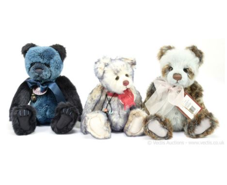 Charlie Bears x three: (1) Niall panda bear, CB 151521B, 2015, designed by Isabelle Lee, pale blue and violet/brown/light bro