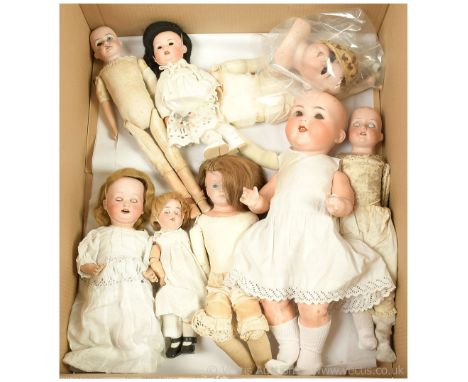 Antique / vintage bisque dolls x eight, some require repairs: (1) Ernst Heubach antique bisque doll, German, c.1914, impresse