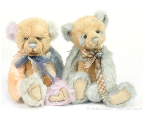 Charlie Bears pair of pandas, designed by Isabelle Lee, 2012: (1) Dilly, CB 124946, beige and light blue plush, 14"/36cm; (2)