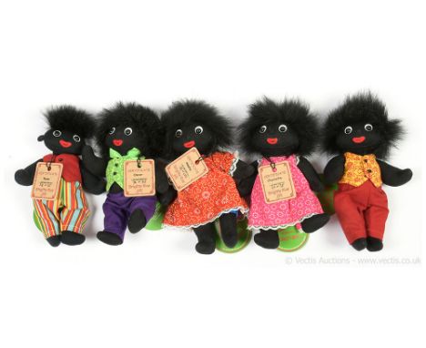 Brigitte Rive (New Zealand) five artist designed gollies, cotton stockinette, fully jointed, black plastic eyes, seated on wh