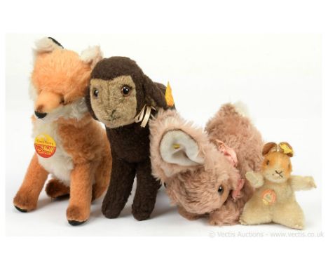 Steiff collection of mohair and plush animals, some are vintage: (1) Goldy vintage hamster, with button, yellow cloth tag, ch