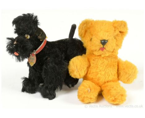 Steiff vintage poodle dog and Shanghai Toys bear: (1) Steiff Snobby poodle, yellow tag 5314, with button, leather collar and 