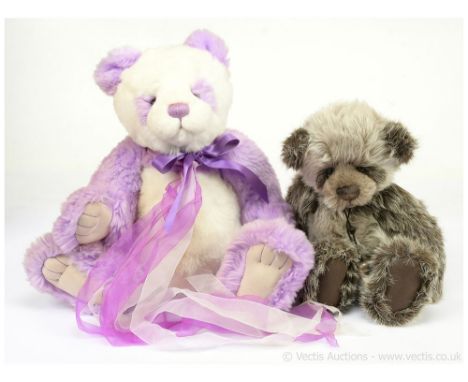 Charlie Bears pair: (1) Violet panda bear, CB631407, designed by Isabelle Lee and Charlie, LE 604/2000, 2013, violet and whit
