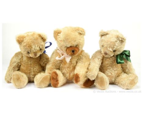 Hamiro trio of vintage teddy bears, Czechoslovakia Soviet-era, 1950s / 1960s: (1) blonde mohair teddy bear, clear glass eyes 