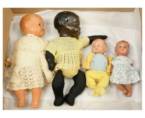 Collection of four vintage composition baby dolls: (1) British baby doll, 1940s / 50s, painted features, five piece body, chi