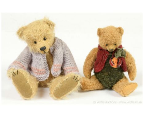 Artist designed teddy bears, pair: (1) Aerlinn Bears (Australia) golden and dark green sparse mohair teddy bear, 2014, black 