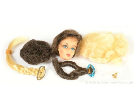 Mattel Barbie brunette Hair Fair vintage wig and head set with hard to find earring, brunette Barbie's head ONLY, blue side-g