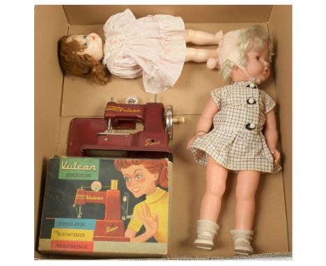 Vintage child's sewing machine and pair of vintage dolls: (1) Vulcan Senior vintage child's sewing machine, cast metal, hand 