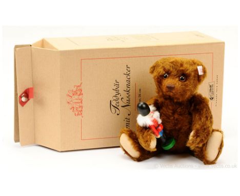 Steiff Teddy Bear with Nutcracker, white tag 037955, LE 3000, russet brown mohair, complete with painted wooden nutcracker, w