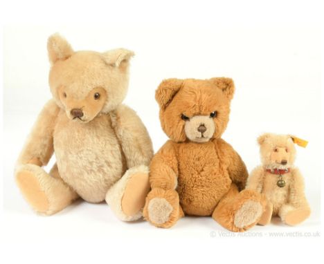 Steiff trio of teddy bears: (1) Original mask face teddy bear, with button, yellow tag has been cut-away, caramel mohair, bro