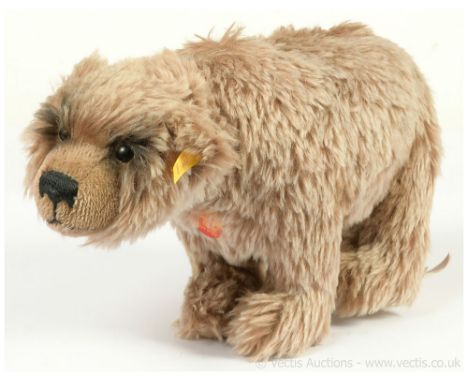 Steiff Grizzly bear, yellow tag 069345, brown frosted tip mohair, standing realistic bear with double neck joint, chest tag, 