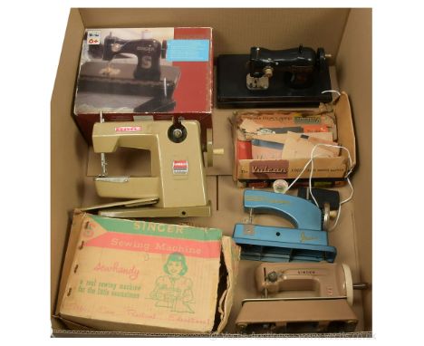 Collection of seven miniature children's vintage Sewing Machines: (1) Essex (UK) Miniature Machine, grey diecast, crank handl