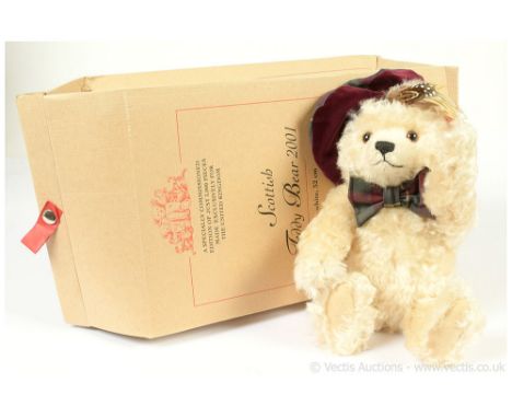 Steiff 2nd Scottish Bear, white tag 654855, LE 3000, exclusive to UK and Ireland, white wavy mohair, wearing burgundy and tar