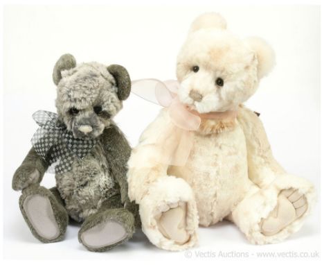 Charlie Bears pair: (1) Cloth Ears, CB161694, designed by Isabelle Lee, grey / light grey plush, 12.5"/32cm; (2) Jane, CB 161