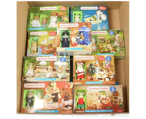 Flair Sylvanian Families Figure Sets x nine, includes PC Roberts &amp; Police Box 25th Anniversary (sealed), Bikes and Picnic