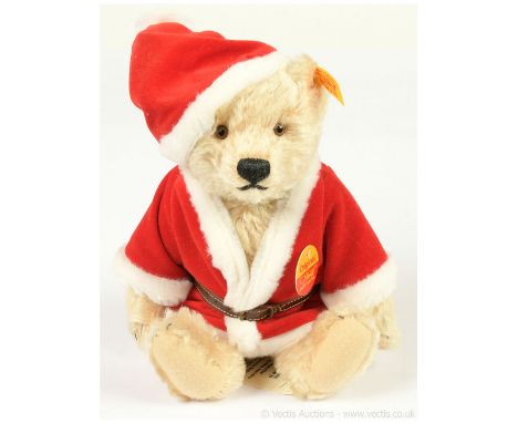 Steiff Danbury Mint Noel Christmas teddy bear, yellow tag 654688, blonde mohair, dressed in red Santa costume, with chest tag