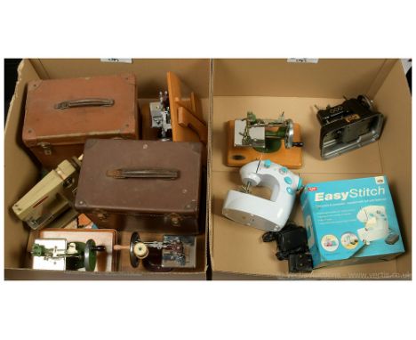 Collection of seven miniature children's vintage Sewing Machines: (1) &amp; (2) Essex Sewing Machines, (UK) maroon cast iron,