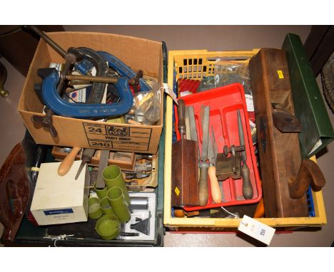 Two boxes of assorted tools to include; G clamps; saws; files; box plain; and various engineering callipers; together with a 