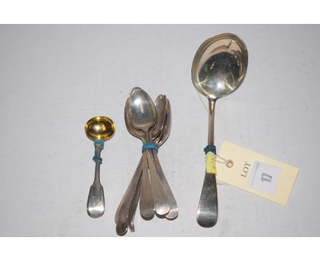 Nine Georgian silver teaspoons; a silver tablespoon (bowl bent round to form a ladle); and a pair of Victorian silver mustard