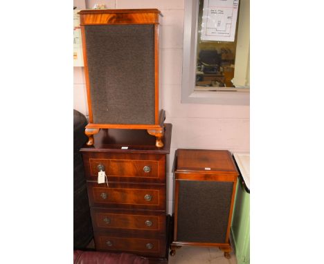 A pair of reproduction mahogany speaker cabinets, by George Sheraton; together with a reproduction mahogany hi-fi cabinet.