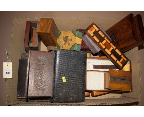 A collection of boxes and tins; money boxes; pitch pine panels; and a cribbage board.
