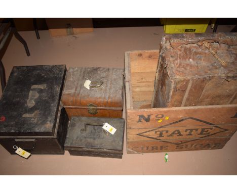 A black painted metal deed box; together with a metal hat box with fitted brass handle; a money box; a Tate cube sugar crate;