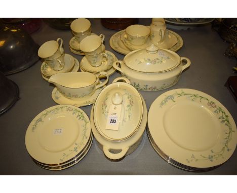 A Minton 'Bowcott' pattern six-piece dinner service, comprising: two oval tureens, six dinner plates, six side plates, cups, 