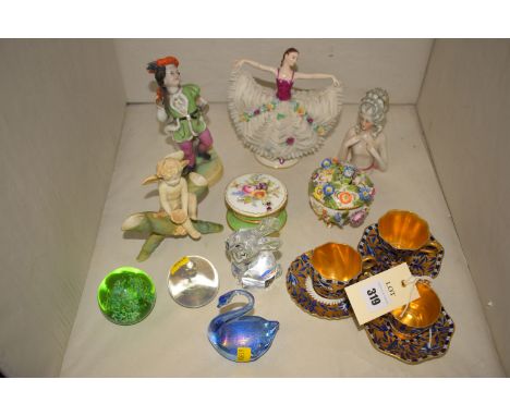 A pair of miniature Coalport teacups and saucers, decorated in blue and gold on white ground, pattern no. T2320; another simi
